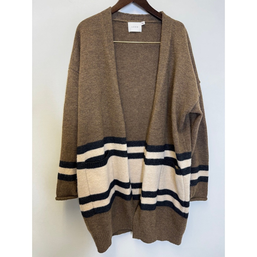 Lush Coffee Cream Multi Striped Open Front Cardigan Sweater M